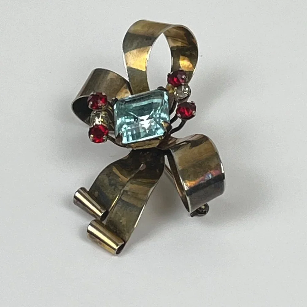 Vintage 1940s Gold Over Sterling Aqua Blue Stone Ribbon Bow Brooch